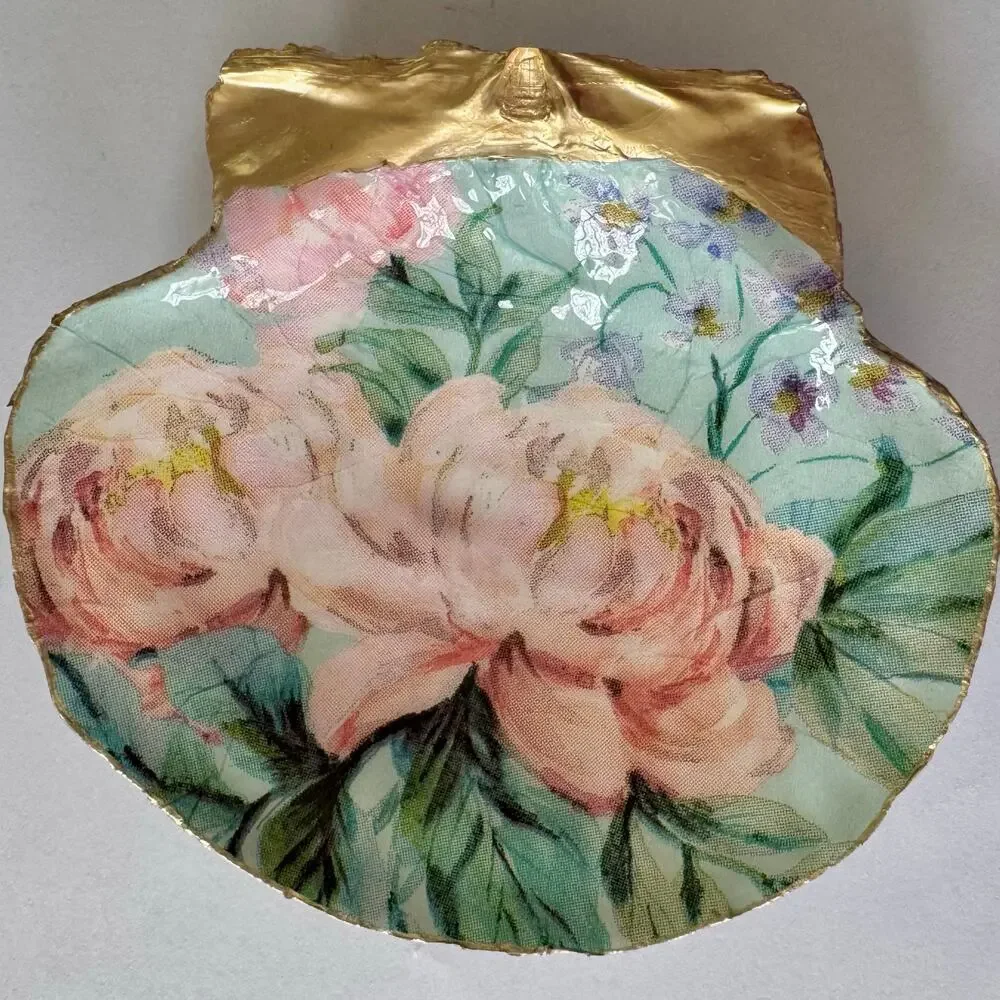Vintage Pink Botanical Floral Trinket Dish with Gold Rim